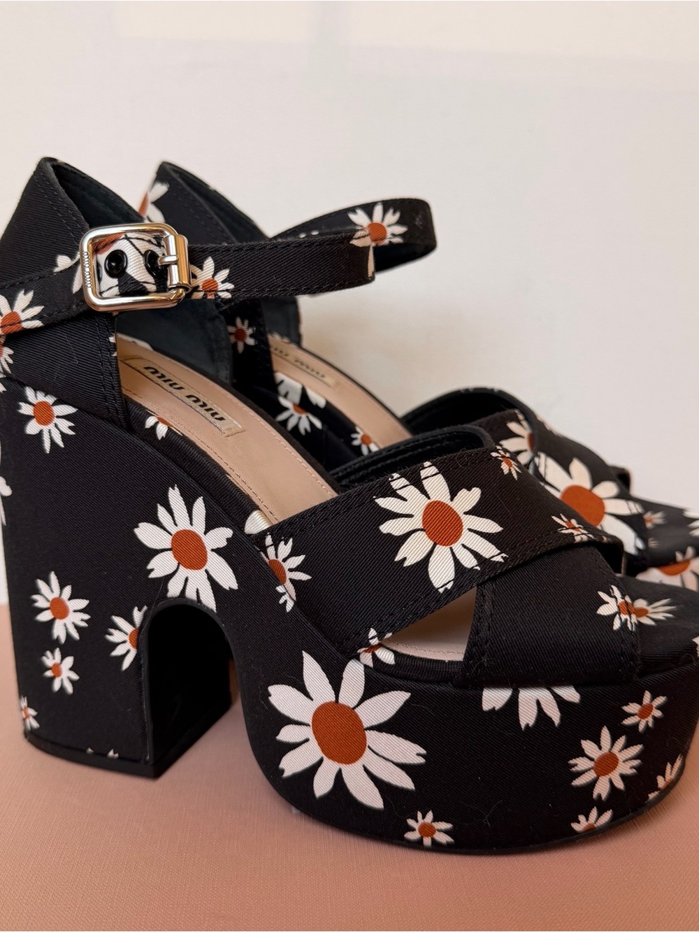 Miu Miu Black Daisy Print Gabardine Chunky Platform Sandals IT 38 NWOB - Picture 3 of 9
